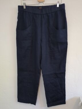 Quince Navy Elastic-Waist Linen Pants with Pockets